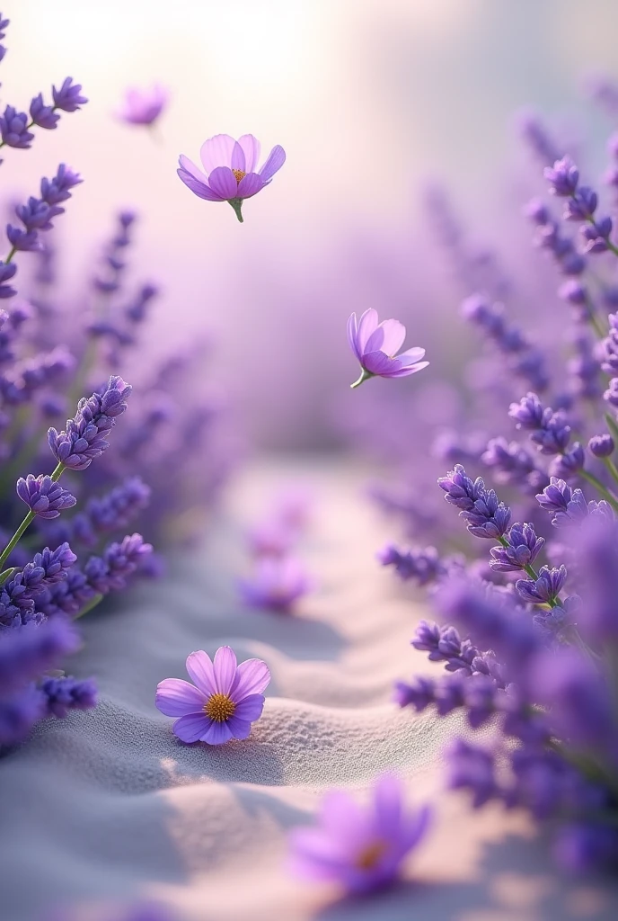 lavender essential oil, lavender flowers in the air tonka bean with sand, in a lavender environment, with meta flowers and also lavender