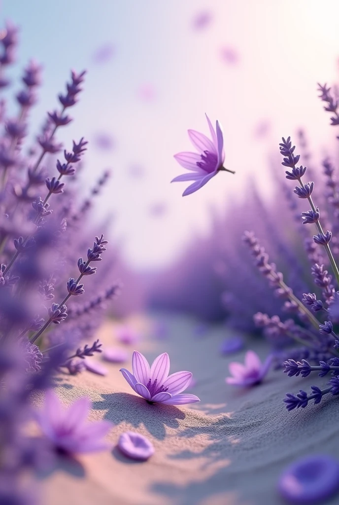 lavender essential oil, lavender flowers in the air tonka bean with sand, in a lavender environment, with meta flowers and also lavender