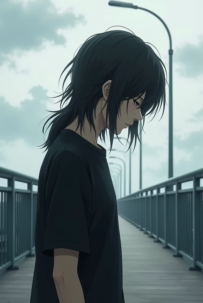 Boy with depression、Japanese、Long Hair、Black T-shirt、Look down、Real、profile、Pedestrian bridge、Cloudy、Highest quality、Masterpiece