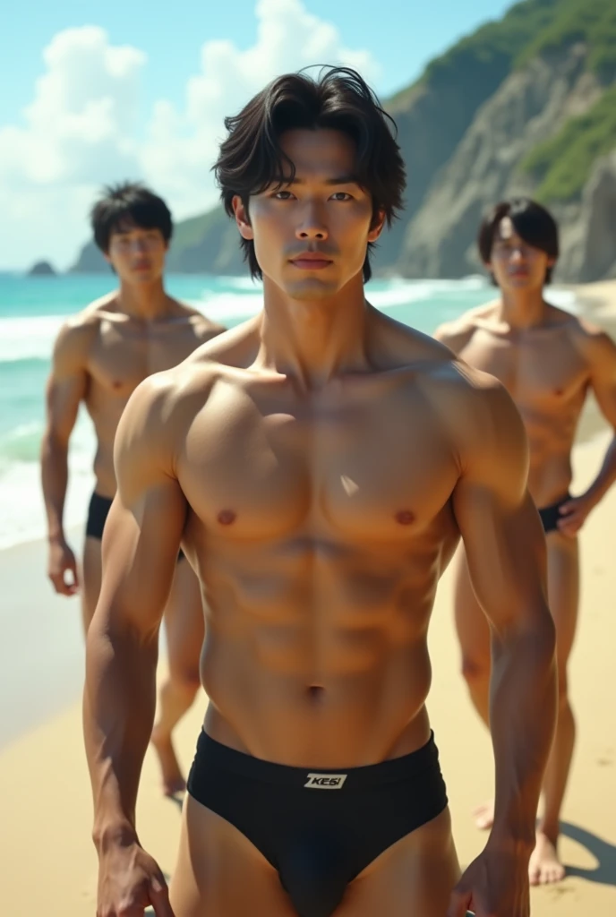 Korean men are handsome and look like the heroes of Korean series. They have high noses, dark skin, long hair with a middle part, firm abs, and wear only underwear and stand on the beach flexing their muscles.