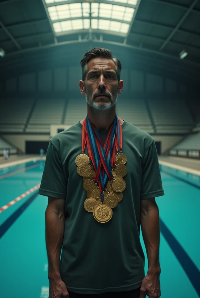 A sad man wearing a necklace of twenty Olympic medals, background image of an abandoned Olympic swimming pool, full image with cinematic shadow effect image 16:9