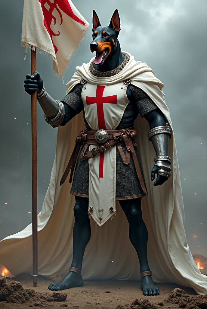 make a humanoid Doberman dressed in the clothes of the Knights Templar carrying the flag of the Knights Templar and roaring in an imposing pose