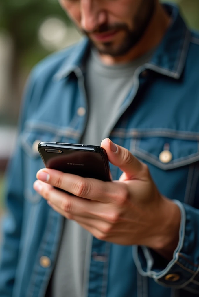 an image of him holding his cell phone and looking at a tourism application inside the cell phone. It is noticeable that you are entering the application that is tourism on your cell phone, that this is observed, which is important.