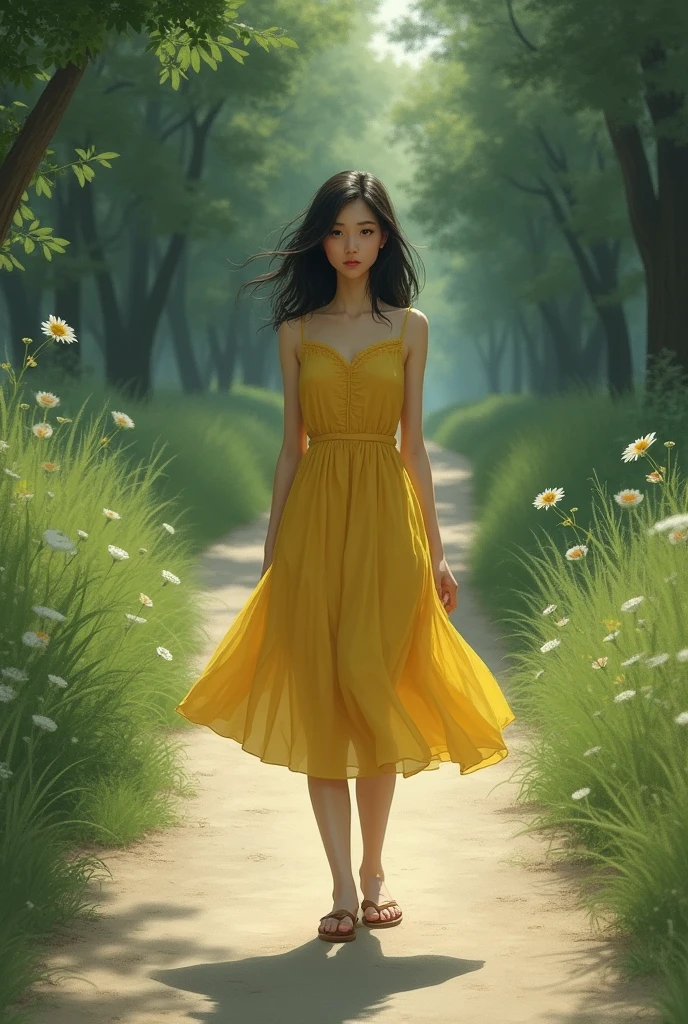 A girl aith disappointed face wearing yellow sleeveless frock walking on path and feeling nostalgic 
