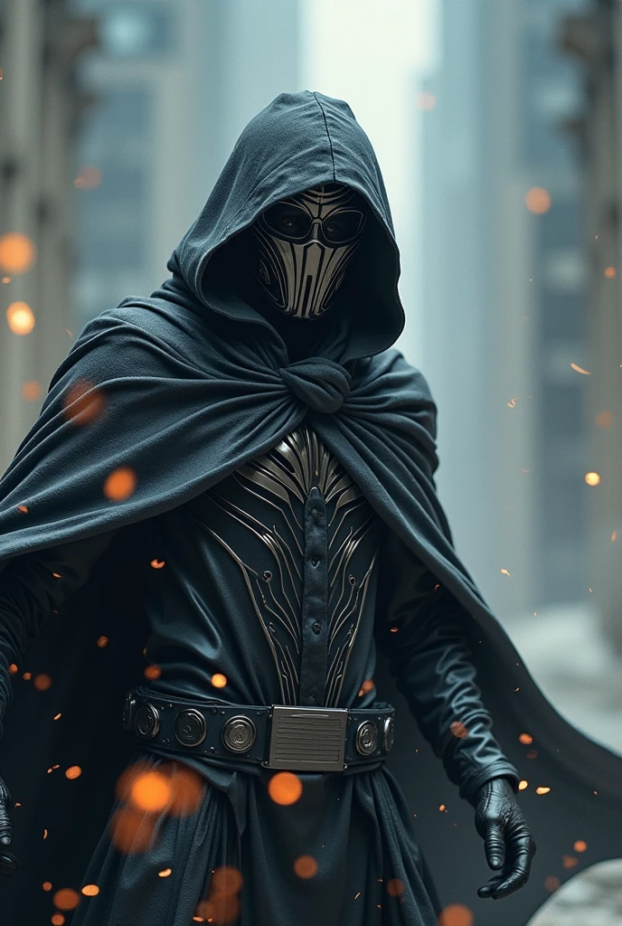 Homme charismatique capuché avec un masque technologique en métal et une grande cape frappant avec ses deux poings dans le vide créant des déchirures dans l'air