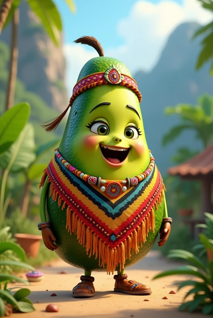 Animated avocado potaxie dressed as a Colombian indigenous person