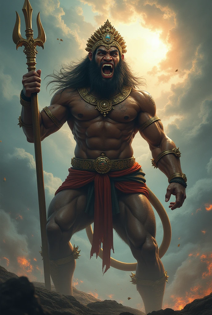 Hanuman head crown high level angry log tail weather cloudy in hand trident 