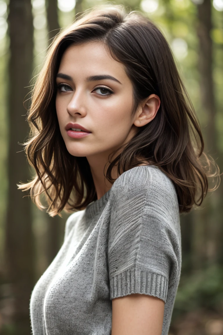 (bestquality,realistic:1.2),(brunette hair:1.1),(French:1.1),(sexy:1.1),(slim figure:1.1),(1:1.1),(handcuffed:1.1),(black short sleeve sweater:1.1),(rolled-up sleeves:1.1),(hands up:1.1),(visible legs:1.1),illustration,forest,detailed eyes,detailed lips,high definition,professional lighting,vivid color