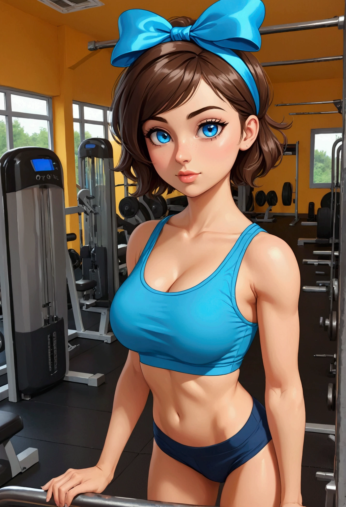 20 years old woman, Short brown hair, Méditerranéenne aux blue eye, Generous and heavy breasts, slender waist, estomac defini, fesses rebondies et pulpeuses, naturally curved, muscular thighs, aguicheuse, in the gym, en short et teeshirt , blue eye, Selfie, headband with bow in hair