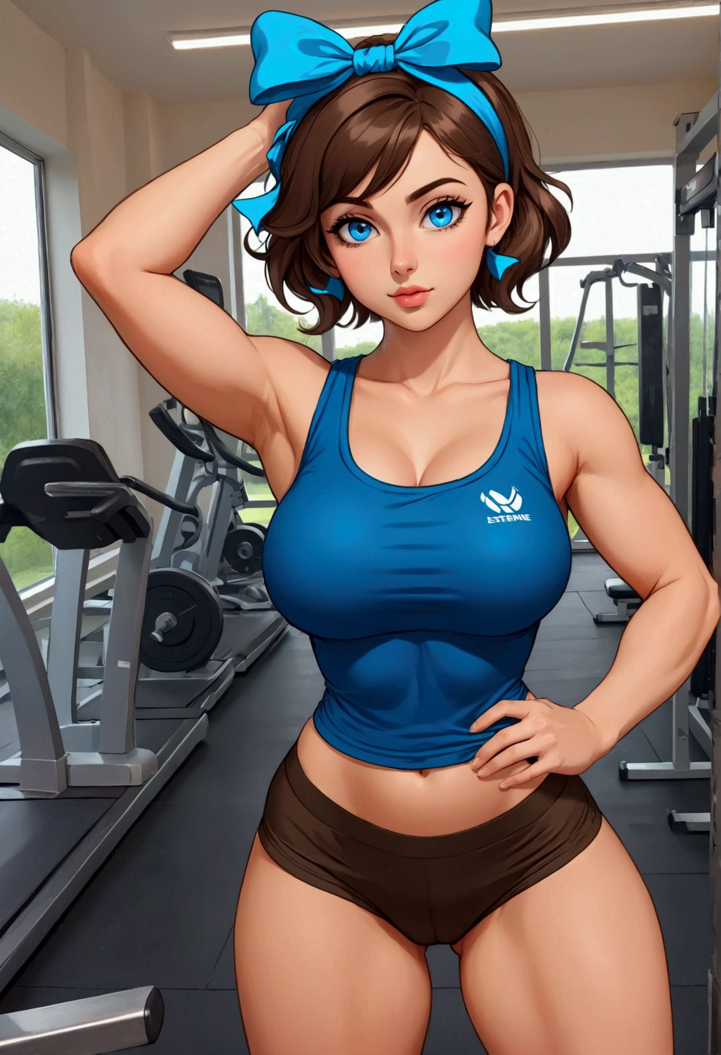 20 years old woman, Short brown hair, Méditerranéenne aux blue eye, Generous and heavy breasts, slender waist, estomac defini, fesses rebondies et pulpeuses, naturally curved, muscular thighs, aguicheuse, in the gym, en short et teeshirt , blue eye, Selfie, headband with bow in hair