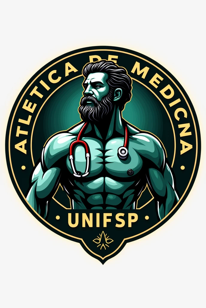 Here is a prompt you can use:
"Create an illustrated logo for a football team called 'ATLÉTICA DE MEDICINA UNIFSP',' inspired by the Manchester City logo. The design must feature a circular emblem with a, head and torso of the god Asclepius with a stethoscope around his neck stylized in the center. The surrounding ring should include the team name 'ATLÉTICA DE MEDICINA UNIFSP' at the top and the year of foundation '2024' at the bottom. Use a color palette that conveys power and elegance, like dark green, blackw, and gold. Incorporate subtle elements, to highlight the topic of medicine, keeping the overall look modern and bold."