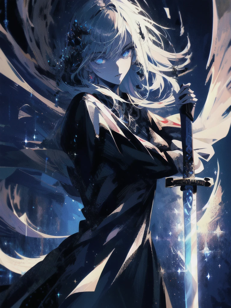 Holding a one-handed sword、Please take the black sword.、((masterpiece, highest quality, Super detailed, High resolution)), alone, beautiful girl, shining eyes, perfect eyes, , black white gold theme,