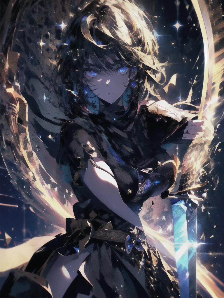 Holding a one-handed sword、Please take the black sword.、((masterpiece, highest quality, Super detailed, High resolution)), alone, beautiful girl, shining eyes, perfect eyes, , black white gold theme,