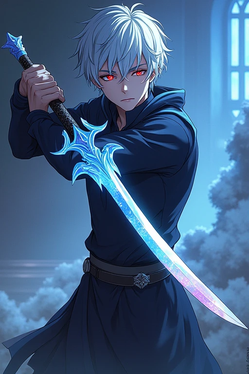 Male, short silver hair, left eye glowing red and right eye glowing blue, heterochromatic eyes, 20 years old, holding a white dragon-shaped sword, anime