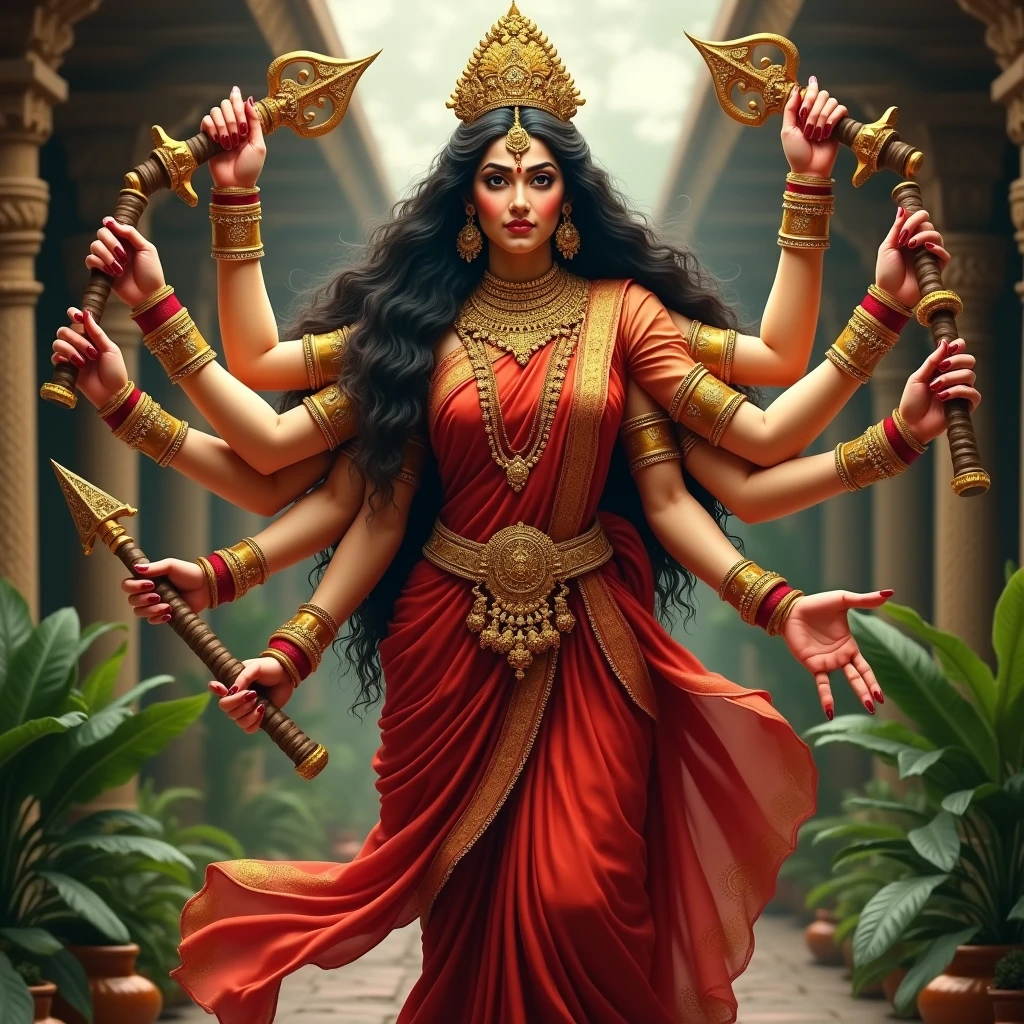 Indian goddess Durga with a text Durga realistic in saree red and jewellery bengali 10 hands text durga text will be "DURGA"