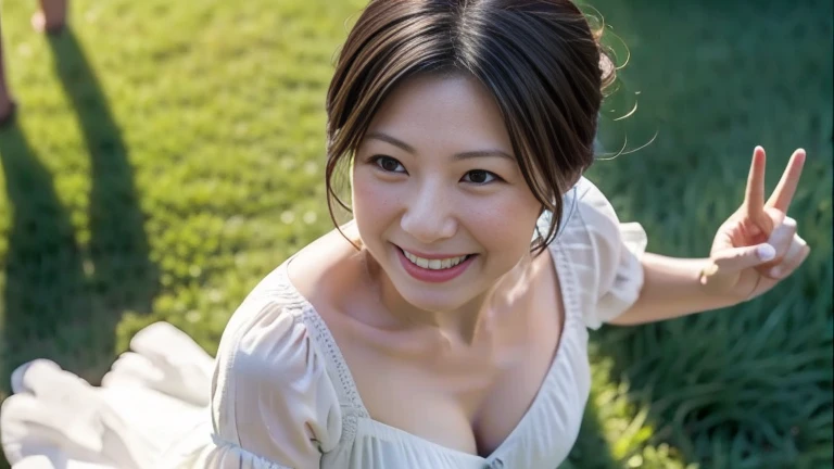 A drone-captured aerial view of a beautiful Japanese woman standing in an open field, looking up towards the sky with her arms fully raised in a joyful, celebratory gesture. The perspective is from directly above, highlighting the height and distance as the drone captures her entire body in the frame. She has a delicate and symmetrical face with soft, refined features that remain visible despite the top-down angle. Her dark, glossy hair flows around her as it is gently tousled by the breeze. She is wearing a flowing white dress that contrasts elegantly with the lush green grass beneath her, and her long, graceful legs are visible in the full-body shot. Her expression is serene and joyful, her large, expressive eyes gazing upwards as the sunlight casts soft shadows, enhancing the depth and realism of the scene. The aerial view emphasizes the sense of openness and in the moment.