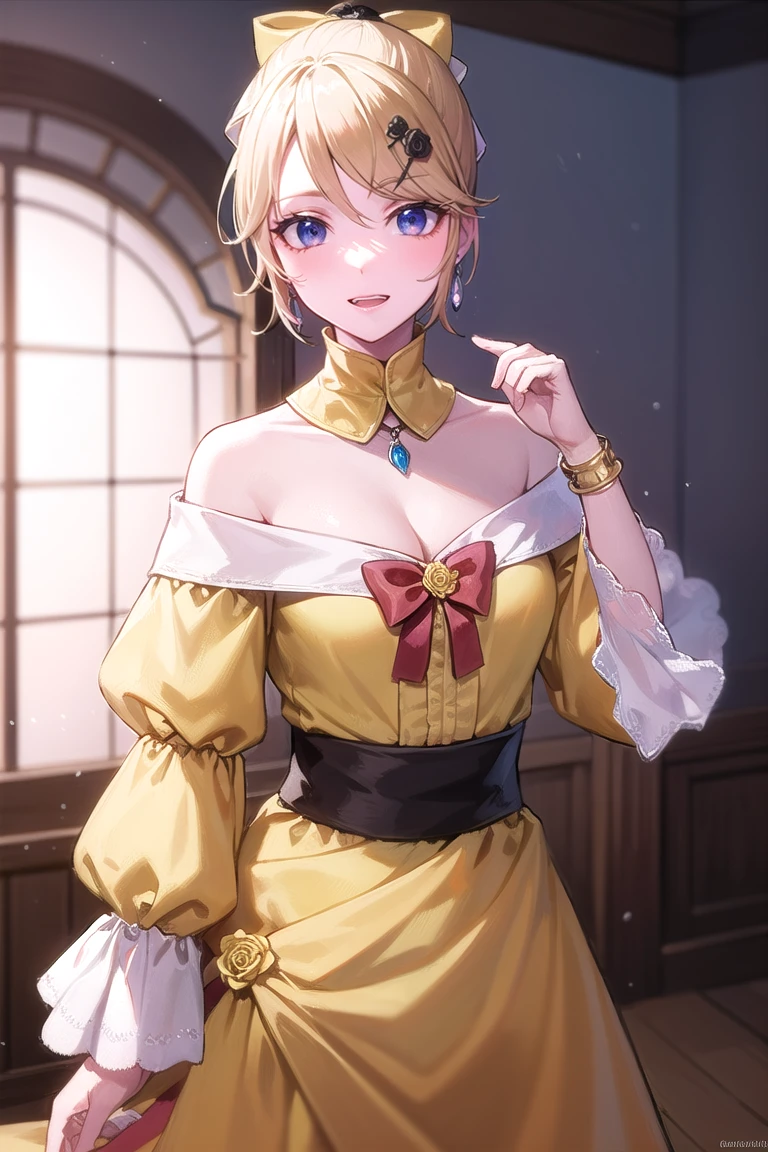 riliane, riliane, blonde hair, blue eyes, ponytail, short hair, parted bangs, smile, grin, BREAK bow, bracelet, dangle earrings, detached collar, dress, (yellow dress:1.5), dress bow, earrings, flower, flower brooch, frilled dress, frills, gown, hair bow, hair ornament, hairclip, jewelry, long sleeves, necklace, off shoulder, off-shoulder dress, ((cleavage, sexy, small breasts)), pendant, sash, wide sleeves, BREAK cowboy shot, looking at viewer, BREAK indoors, BREAK (masterpiece:1.2), best quality, high resolution, unity 8k wallpaper, (illustration:0.8), (beautiful detailed eyes:1.6), extremely detailed face, perfect lighting, extremely detailed CG, (perfect hands, perfect anatomy),