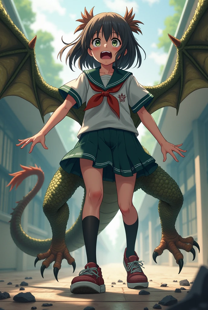 A girl's lower_body is transforming into a dragon(dragon_taur)(four dragon legs)(four dragon feets)(scared)(Japanese anime style)(scared and crying)(three dragon tails)(dragon wings)(dragon angles)(dragon ears)(dragon eyes)（broken student costume)(no human's legs)
)(dragon 1:5)