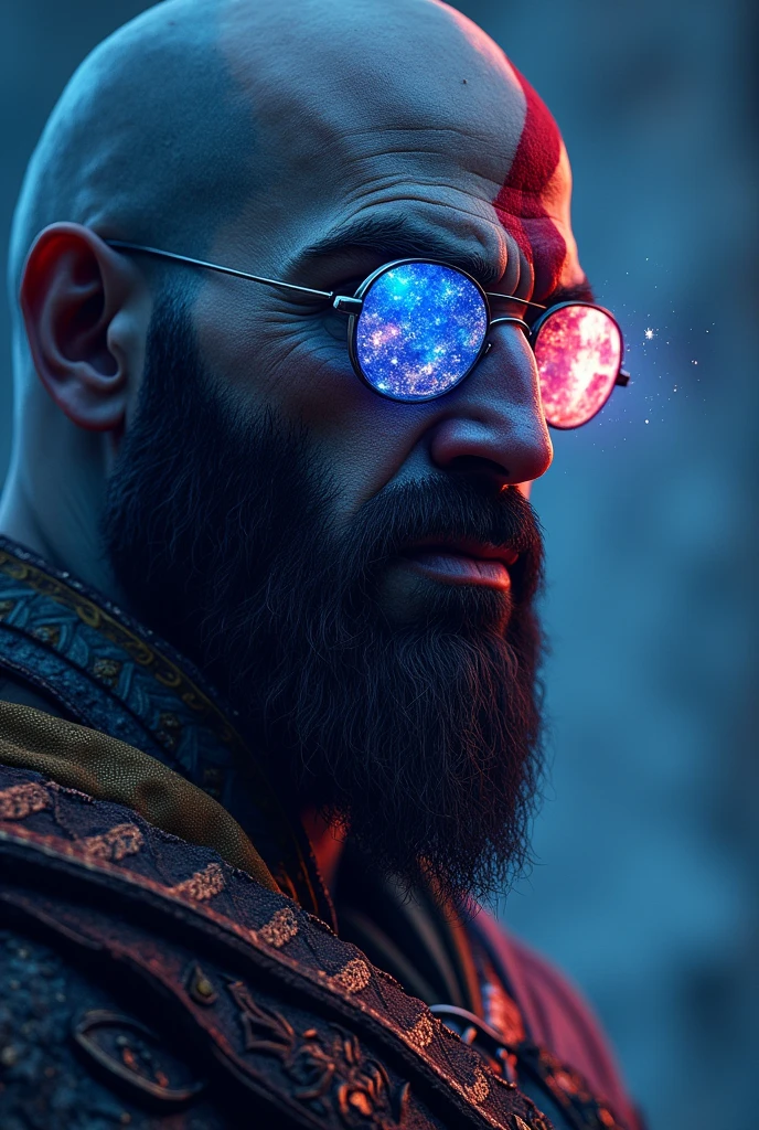 God of War Kratos,Wearing glass sunglasses,There are stars and moon on the glass, Dark sky blue and light style, Minimalist pen line,god of war, Use of precious materials, Vibrant colors, Fascinating, flash