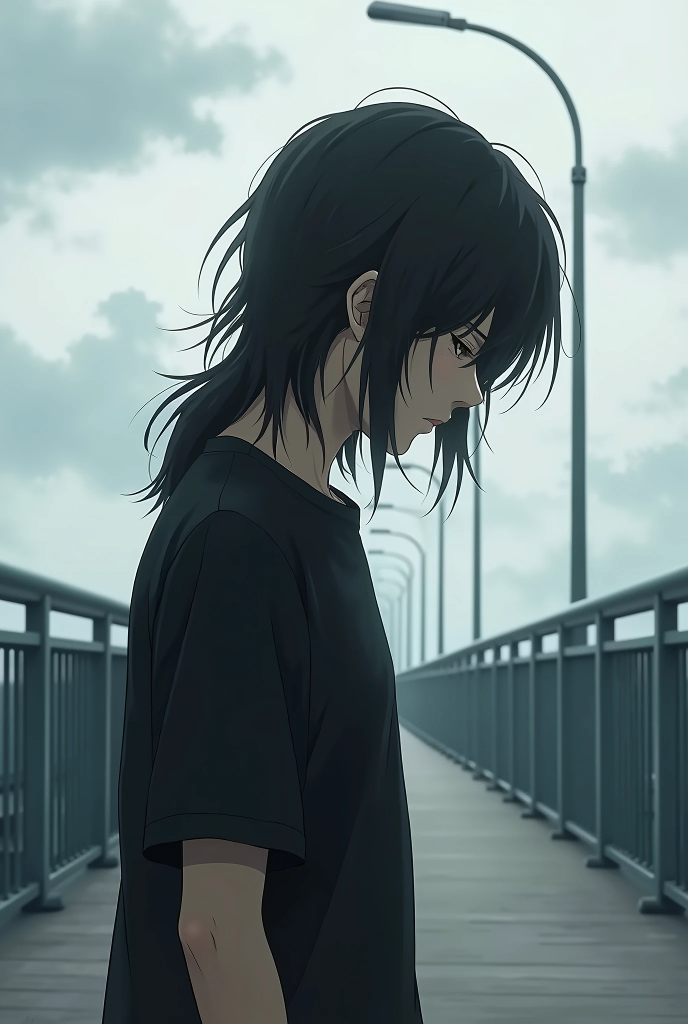 Boy with depression、Japanese、Long Hair、Black T-shirt、Look down、Real、profile、Pedestrian bridge、Cloudy、Highest quality、Masterpiece