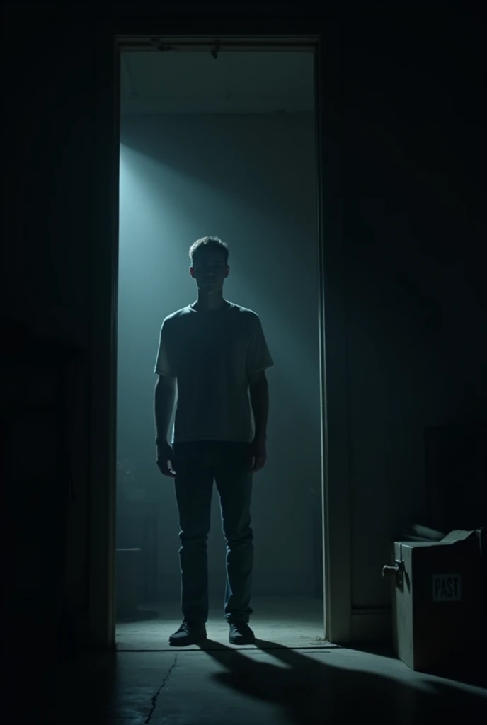 An image with a cinematic full shot where there is a lamp that illuminates one part of a room and the other part of the room is dark, the person is in the light part and does not look back. , There is also a box that says past in the dark part of the room 