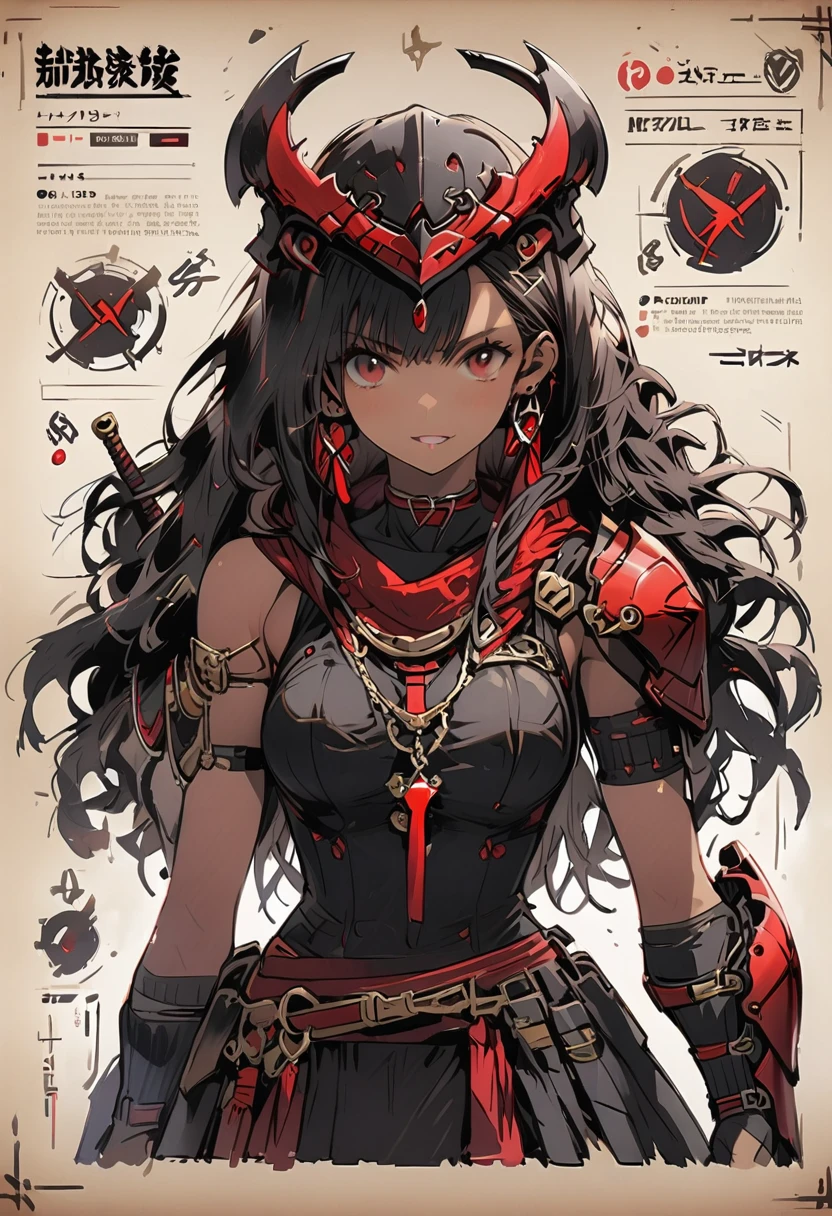 Framed Presentation of a warrior, woman character design sheet, with detailed accessories, shoes, multiple weapons, deep blue mecanical equipament, high tech, swords, full body