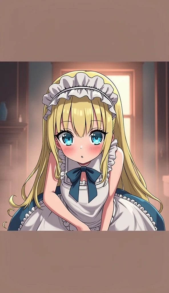One person, Blonde, Long Hair, blue eyes, ta Fashion, Gothicta, apron, dress, undressing, Lifted it himself, panties, Pulling on panties, Unreal Engine, Anime Style, Very detailed, Realistic, 8k, Super detailed, Intricate details, Dramatic lighting, Dramatic colors, Chiaroscuro, Structure of the film, Volumetric lighting, Volumetric Fog, Studio Lighting, Cinematic Rendering, Beautiful attention to detail, Beautiful lip detail, Very detailed顔と目, Long eyelashes