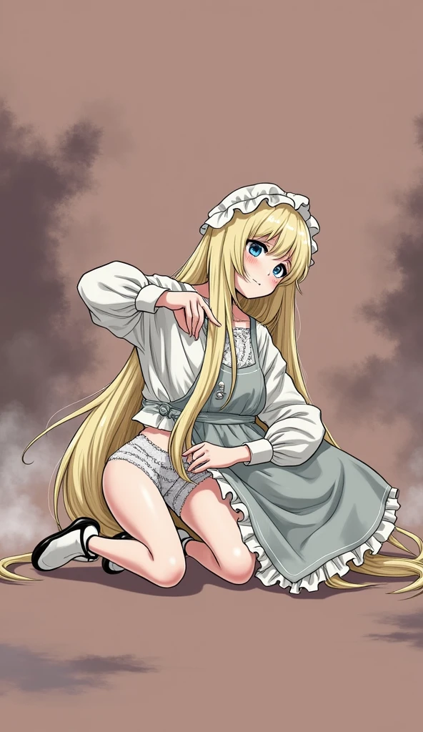 One person, Blonde, Long Hair, blue eyes, Lolita Fashion, Gothicta, apron, dress, undressing, Lifted it himself, panties, Pulling on panties, Unreal Engine, Anime Style, Very detailed, Realistic, 8k, Super detailed, Intricate details, Dramatic lighting, Dramatic colors, Chiaroscuro, Structure of the film, Volumetric lighting, Volumetric Fog, Studio Lighting, Cinematic Rendering, Beautiful attention to detail, Beautiful lip detail, Very detailed顔と目, Long eyelashes