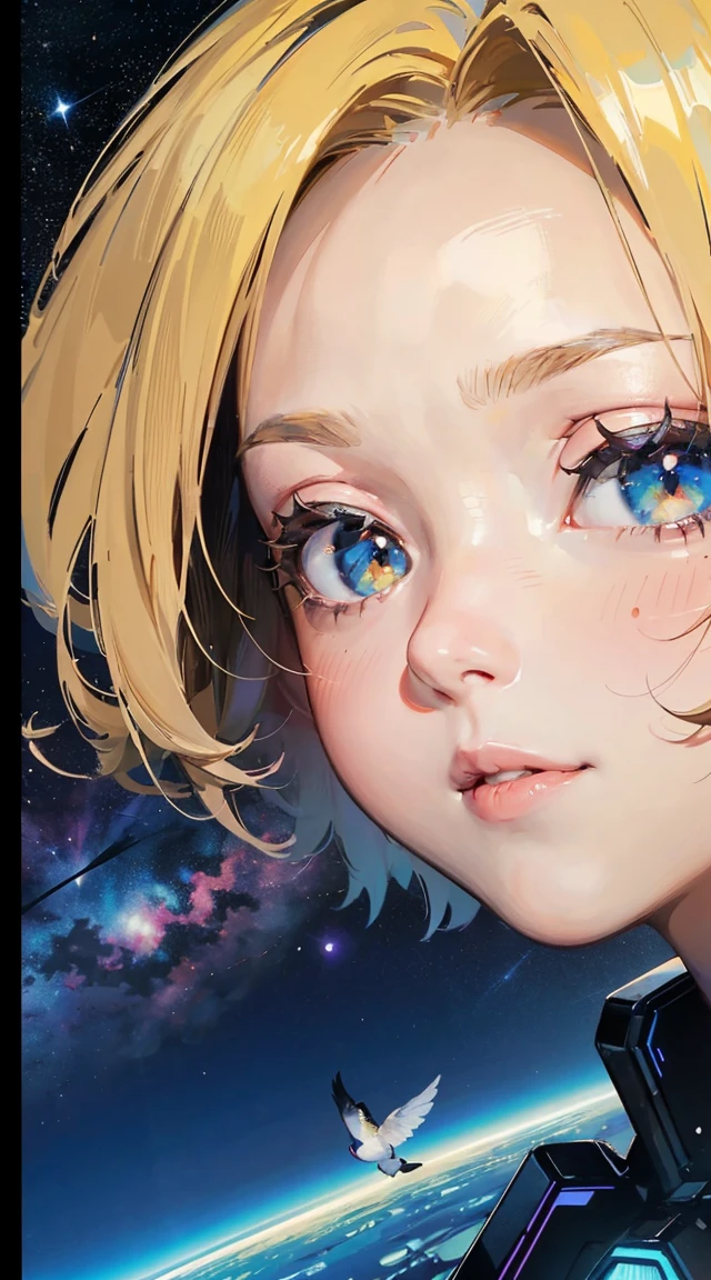 (((beautiful detailed)))(cute face:1.2)1girl, Thumbelina, A girl flying in the sky on a giant mecha swallow, flower field that glows like neon lights at night, spreading out below (sharp lines:1.2)(clear line:1.2)(eye details:1.3)(thick border:1.4) animation cel style ((masterpiece, high quality, best quality)bird's-eye view, birds-eye view,unique angle, a sense of speed,chibi,matwaretech,scifi,cyberpunk,pixelated,malware glitch,Night, Sky, Stars, Star, Starry Sky, Beauty, Galaxy, Galaxies, Water, Reflection, Reflective, Glass, Girl, POV, Moon, Stars, Nighttime, Scenery