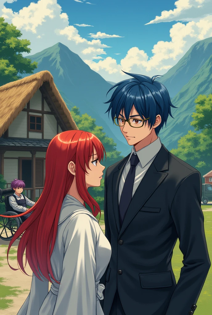 Thatched cottage in the mountains background,Red long hair,White robe,girl,Strengthful expression,Blocked by a truck and a wheelchair,Blue Hair,Black suit,Handsome man in gold-rimmed glasses