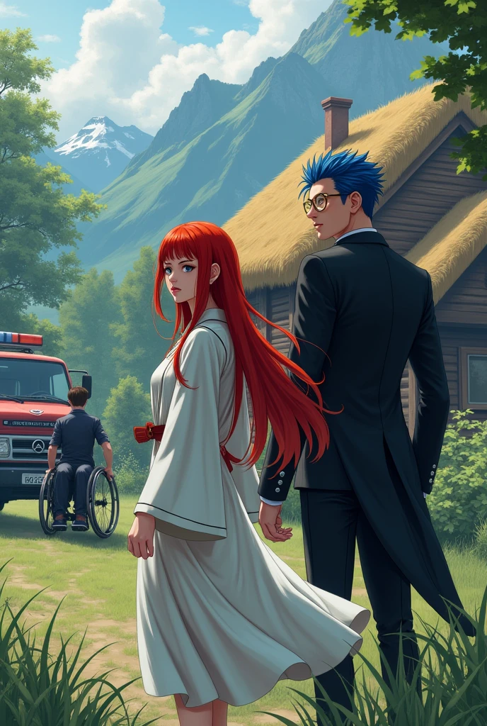 Thatched cottage in the mountains background,Red long hair,White robe,girl,Strengthful expression,Blocked by a truck and a wheelchair,Blue Hair,Black suit,Handsome man in gold-rimmed glasses