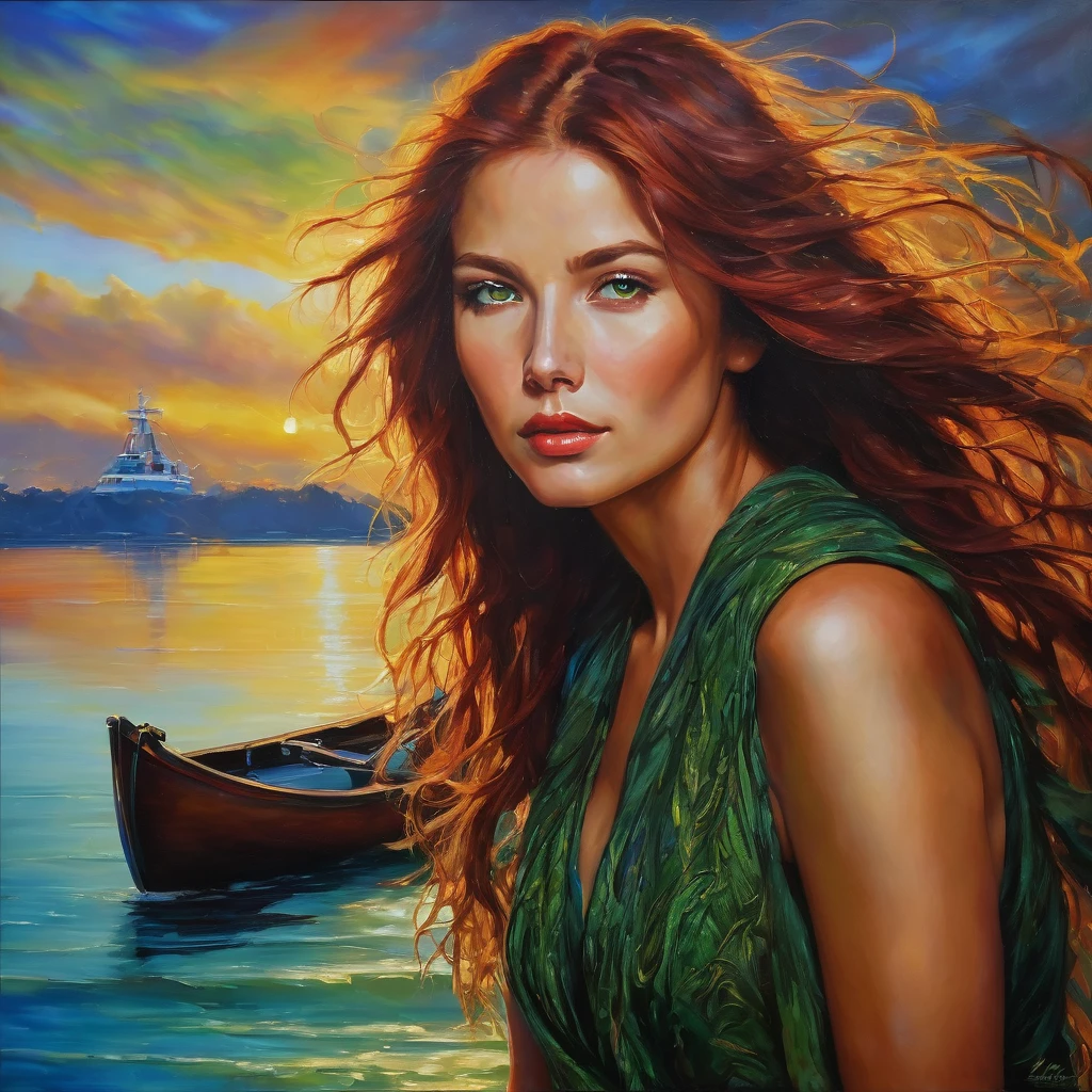 32k highers best quality, ((masterpiece)), ((best quality)), ((detailed)), ((captivating)), (stunning), (incredible), Heavy Metal Red Haired Woman green hazel eyes hugging her long brown soft weavy brown  castany haired brown eyes Heavy Metal Guitarist, Archipelago, Island Chain, Archipelagic, Oil Painting, Canvas Painting, Oil On Canvas, Focal Light, Accent Lighting, Accented Glow, Reduced Reflections, Blue Sky Enhancement