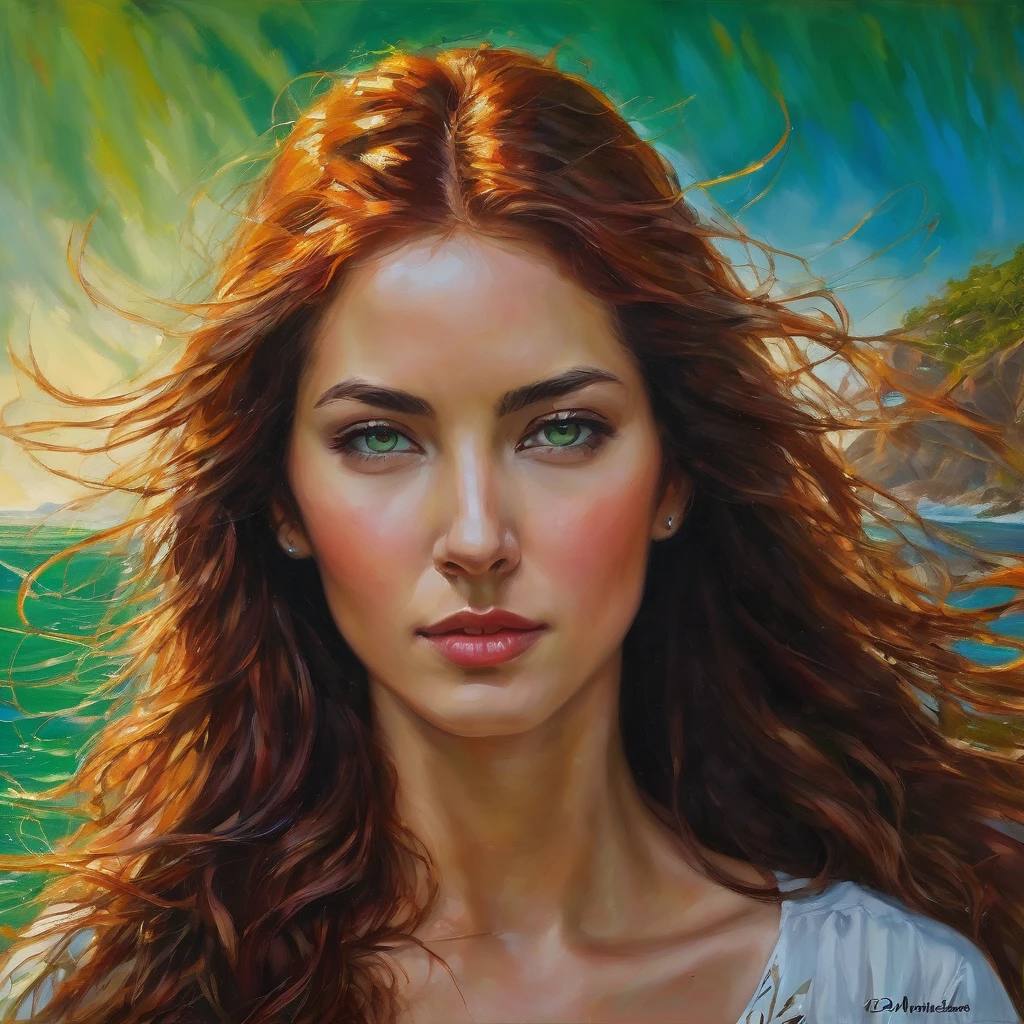 32k highers best quality, ((masterpiece)), ((best quality)), ((detailed)), ((captivating)), (stunning), (incredible), Heavy Metal Red Haired Woman green hazel eyes hugging her long brown soft weavy brown  castany haired brown eyes Heavy Metal Guitarist, Archipelago, Island Chain, Archipelagic, Oil Painting, Canvas Painting, Oil On Canvas, Focal Light, Accent Lighting, Accented Glow, Reduced Reflections, Blue Sky Enhancement