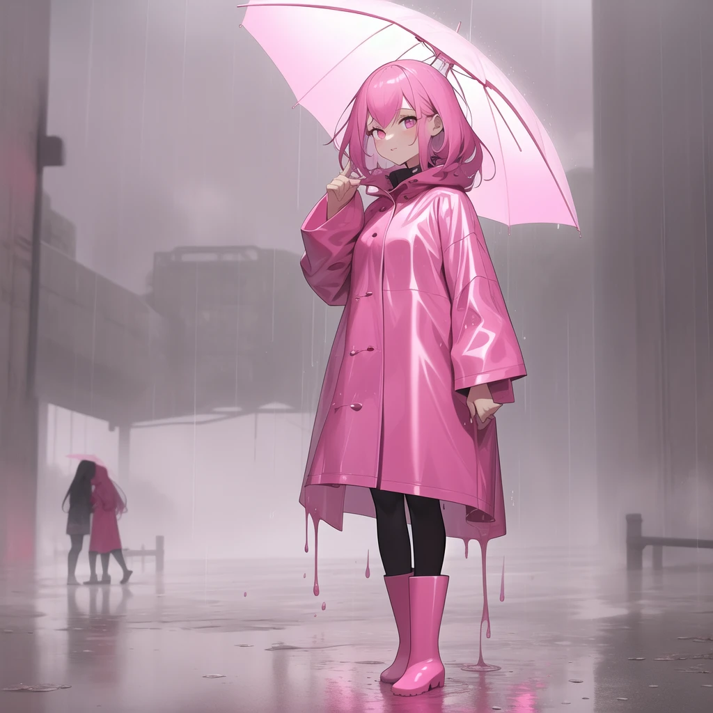 araffe woman in pink coat and pink rain boots, standing in the rain, pretty girl standing in the rain, on a rainy day, pink and red color style, rainy weather, in the rain, rainy day, holding a umbrella, in a rainy environment, girl in raincoat, mud, she is wearing a wet muddy coat, tall pink rainboots, raining outside