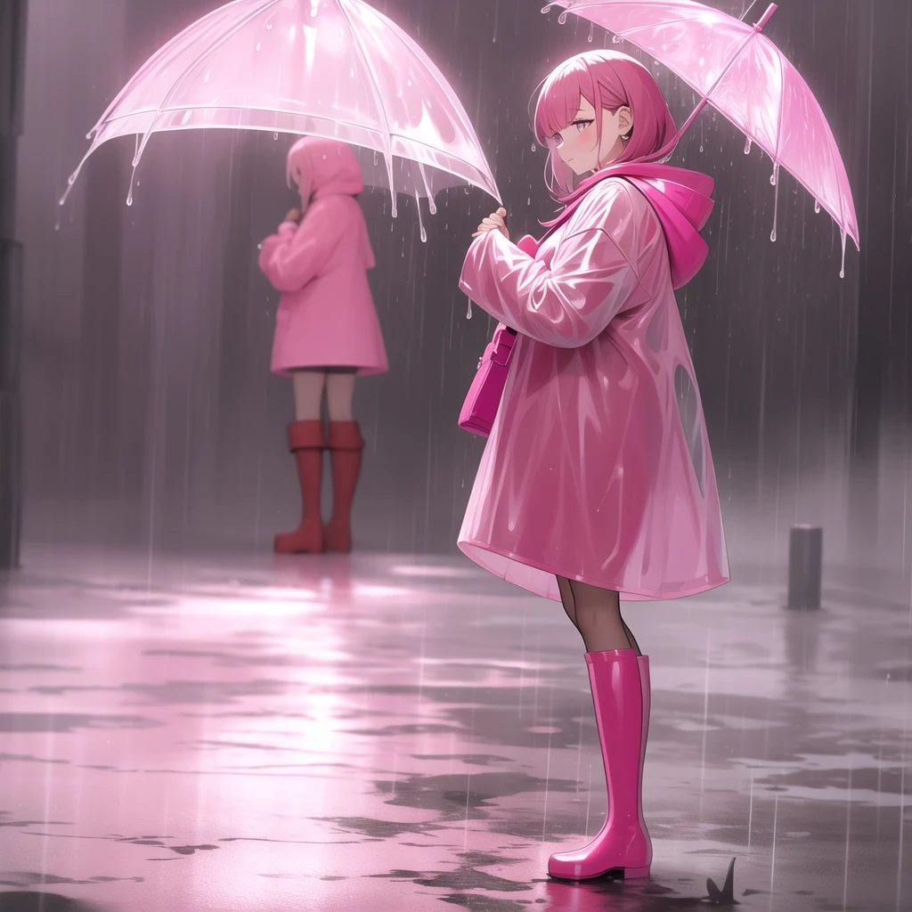 araffe woman in pink coat and pink rain boots, standing in the rain, pretty girl standing in the rain, on a rainy day, pink and red color style, rainy weather, in the rain, rainy day, holding a umbrella, in a rainy environment, girl in raincoat, mud, she is wearing a wet muddy coat, tall pink rainboots, raining outside