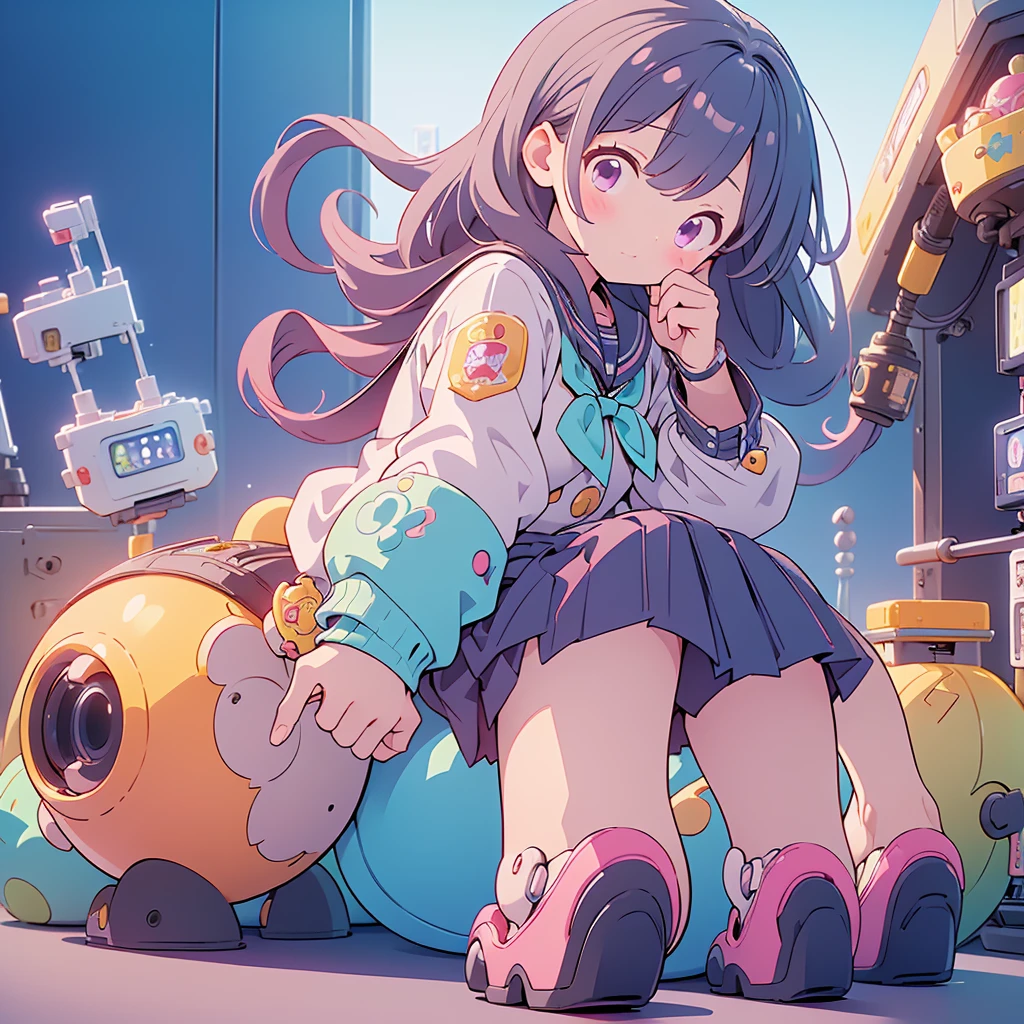 (((masterpiece))), (((best quality))), ((claw machine)), hands on bottom panel, control long joystick and press button, using clamp to pull the toy up, 1girl, komishouko, shy, blush, school uniform, claw machine,  rear view,