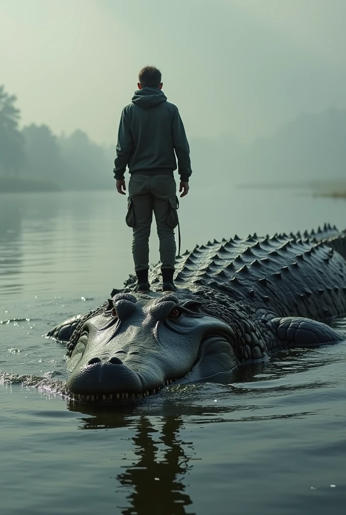 Crocodile corps complet sur l'eau éclabousser les vague et un homme monté qui est monté dessue