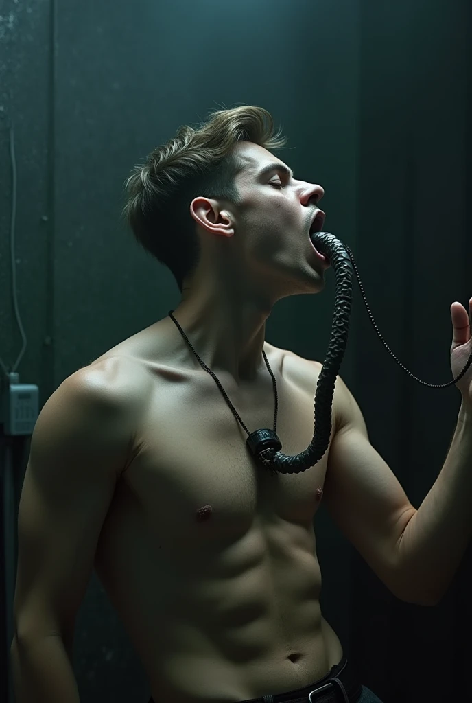 Male focus, young businessman being raped, oral blowjob by mechanical wired cord, mechanical rape, businessman, cold machine, inorganic background and large wired cord, sexual, partially undressed man, dim light Lighting, blowjob by mechanical cord, muscles, , semen flowing from anus, anus, torn clothes, dripping mucus, caterpillar in mouth, big and thick mechanical cord, mechanically connected to anal cord . And tentacles. Mechanical cord leading to male anus アニメ男