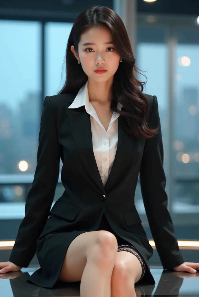 Sophisticated, masterpiece, beautiful details, colorful, fine details, delicate lips, intricate details, big breasts, 1 female, (a beautiful 20 year old cute Korean female: 1.1), (kpop idol, mixed Korean), ( 50mm Sigma f /1.4 ZEISS lens, F1.4, 1/800s, ISO 100, photograpy:1.1), (ponytail+black hair:1.2), (photorealistic:1.4), (spy:1.2), (open jacket, shirt, skirt, tie, black pantyhose, christian louboutin\(brand\),: 1.3), earrings, necklace, armband, (tavern, bar: 1.2), (beautiful legs, tall girl, skinny, slim_legs, thigh_gap, model :1.2), lens flare, viewed from the front, (happy smile: 1.1), dynamic pose, (makeup: 1.2), sitting on a bar stool,