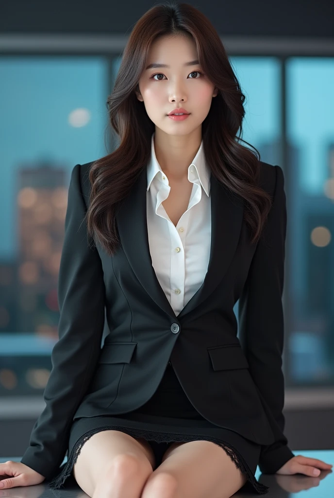 A young Korean female news anchor, dressed in a neat business suit with white shirt, sitting at a news desk, with a glimpse of her lace panties between her skirt as she wide spreads her legs apart, maintaining a professional demeanor on her face, in a frontal composition.