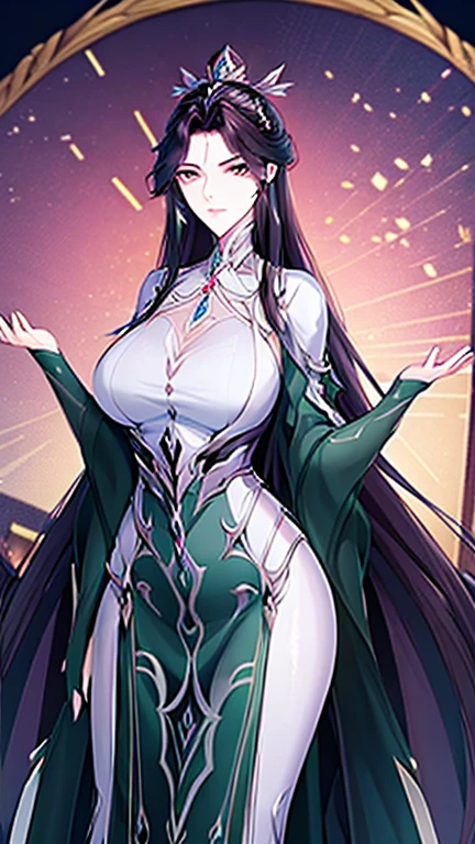 anime style illustration a beautiful and elegant woman in her late 30s with long, flowing dark hair and captivating green eyes. She is dressed in a sophisticated, high-end business suit that highlights her authoritative and commanding presence. She stands in a luxurious office, behind a large mahogany desk, with an aura of confidence and power. The office is adorned with lavish decorations and a panoramic window view of a bustling cityscape, emphasizing her status as a powerful businesswoman. Her expression is one of intelligence and determination, yet there is a hint of warmth and allure in her gaze.