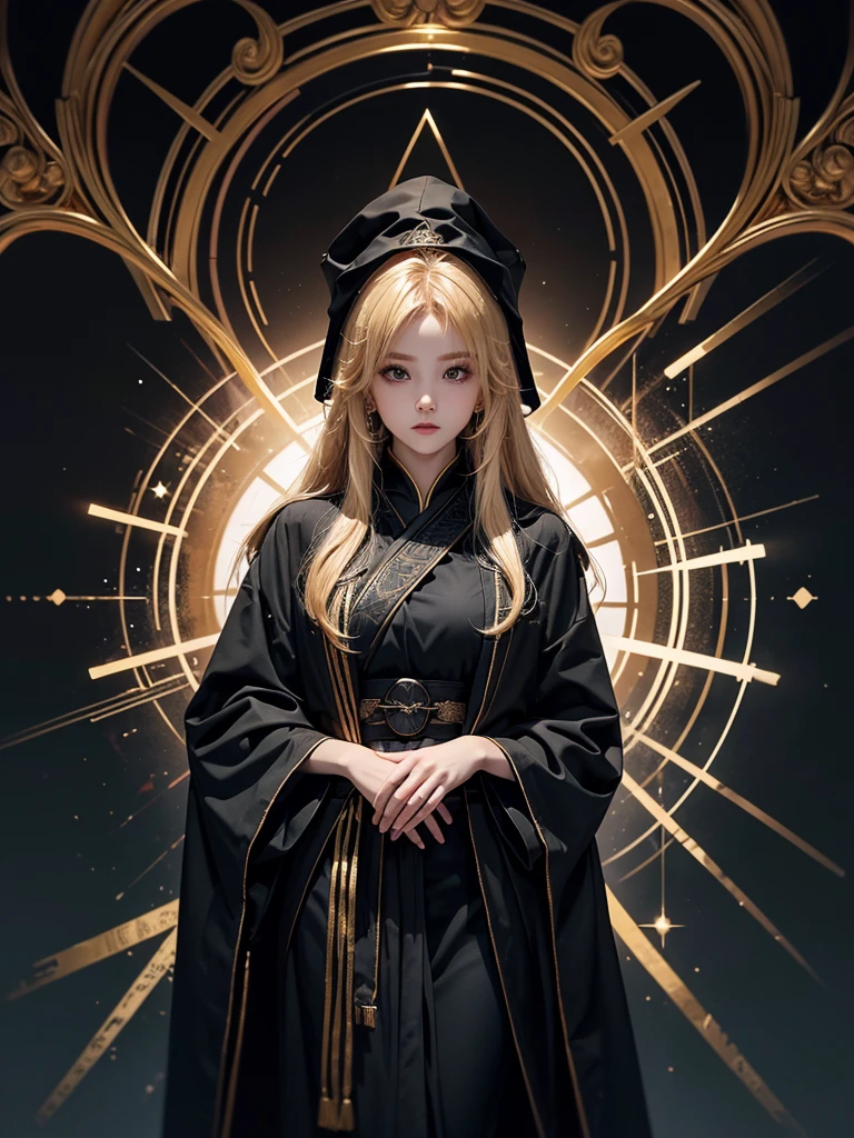 Runic Background、Wearing a black robe、Mage's Clothing、golden hair color、look at the viewer、masterpiece、cute woman、Wearing elegant school clothes