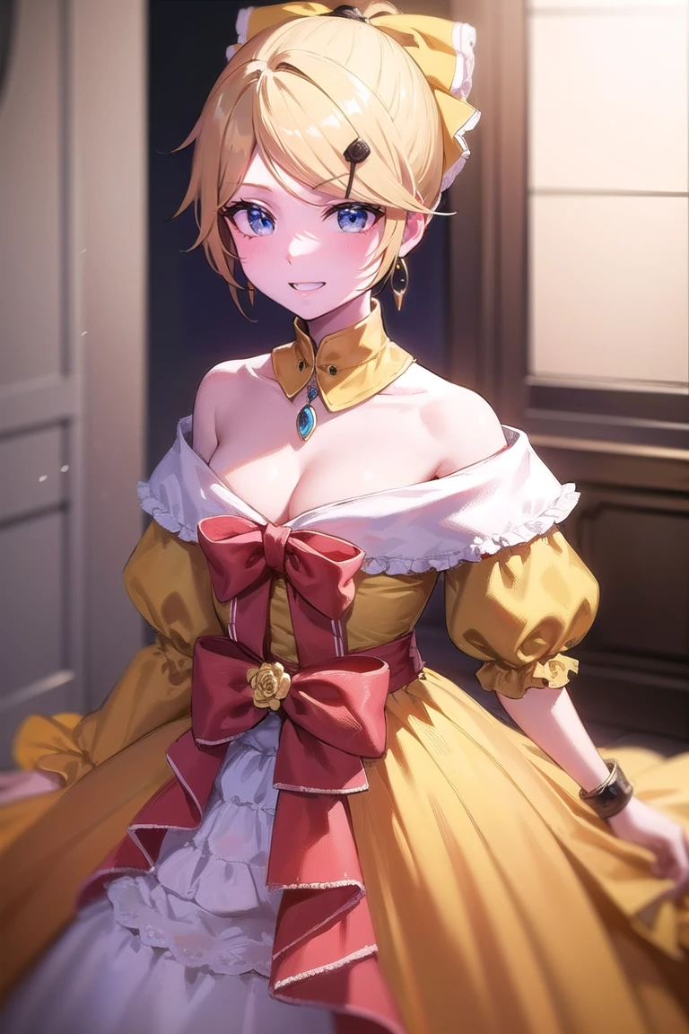 riliane, riliane, blonde hair, blue eyes, ponytail, short hair, parted bangs, smile, grin, BREAK bow, bracelet, dangle earrings, detached collar, dress, (yellow dress:1.5), dress bow, earrings, flower, flower brooch, frilled dress, frills, gown, hair bow, hair ornament, hairclip, jewelry, long sleeves, necklace, off shoulder, off-shoulder dress, ((cleavage, sexy, small breasts)), pendant, sash, wide sleeves, BREAK cowboy shot, looking at viewer, BREAK indoors, BREAK (masterpiece:1.2), best quality, high resolution, unity 8k wallpaper, (illustration:0.8), (beautiful detailed eyes:1.6), extremely detailed face, perfect lighting, extremely detailed CG, (perfect hands, perfect anatomy),