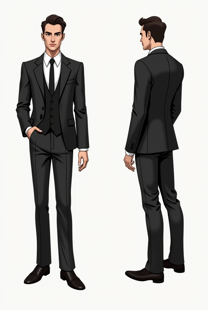 Can you make 2d pose character drawing survey front and back and the theme is debonair male black pants and shoes, no coat with vest black and tie, big dick with cum