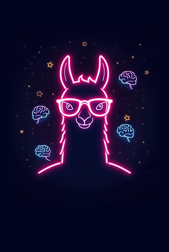 A minimalistic emblem featuring only the outline of a llama wearing glasses, drawn with neon colors. The design is purely an outline with no detailing, surrounded by multiple simple brain icons. The overall look is clean and modern, with bright neon lines on a dark background. This is a student poster for a psychology department party, with a focus on simplicity and a fun, acade