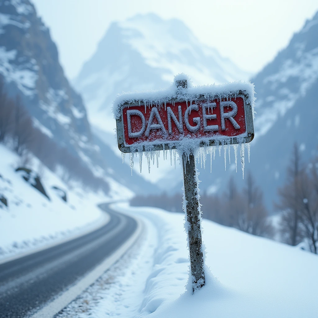 The plate "danger" is located on a mountain road covered in snow and ice, in a harsh winter scenario. The plate está congelada, with ice crystals hanging from the edges, and the word "danger" is almost illegible due to the layer of accumulated snow. The howling wind and the imposing mountains in the background reinforce the feeling of isolation and extreme risk..