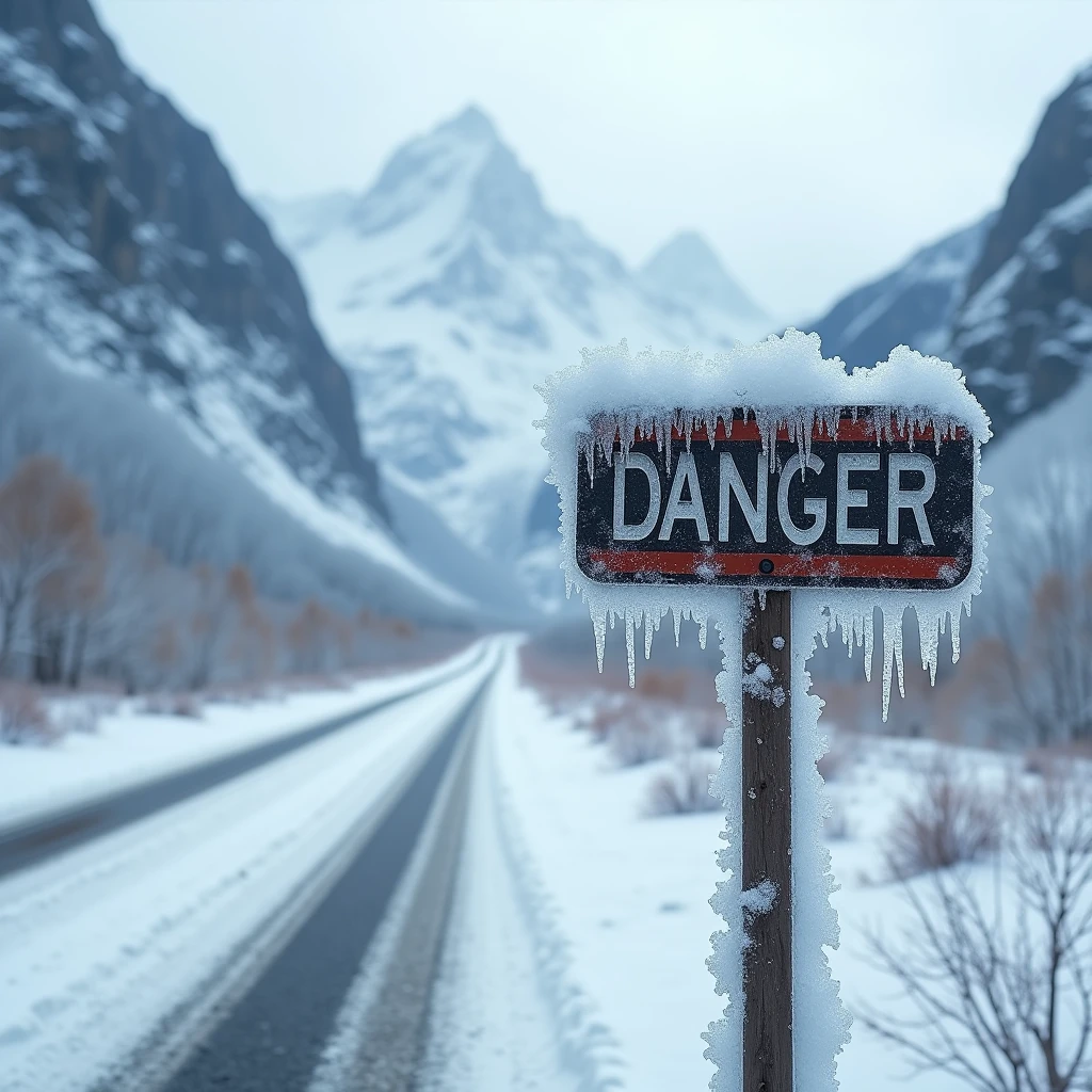 The plate "danger" is located on a mountain road covered in snow and ice, in a harsh winter scenario. The plate está congelada, with ice crystals hanging from the edges, and the word "danger" is almost illegible due to the layer of accumulated snow. The howling wind and the imposing mountains in the background reinforce the feeling of isolation and extreme risk..