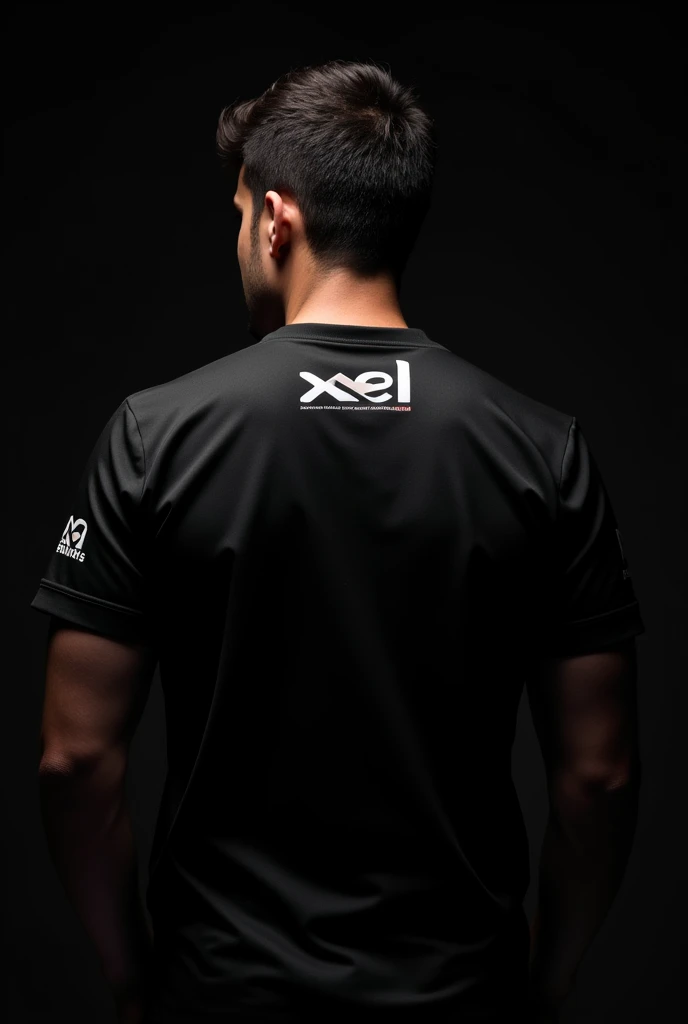 a very  close back shot of a guy without head wearing a black eSports jersey with sponsorships and with "XEL" written on the back with black background and a side pose, 