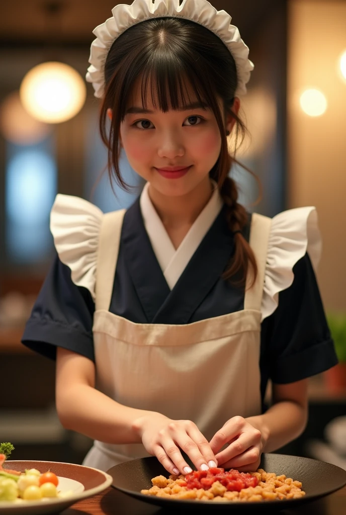 A Japanese woman dressed in a maid's uniform prepared Japanese food for us.。