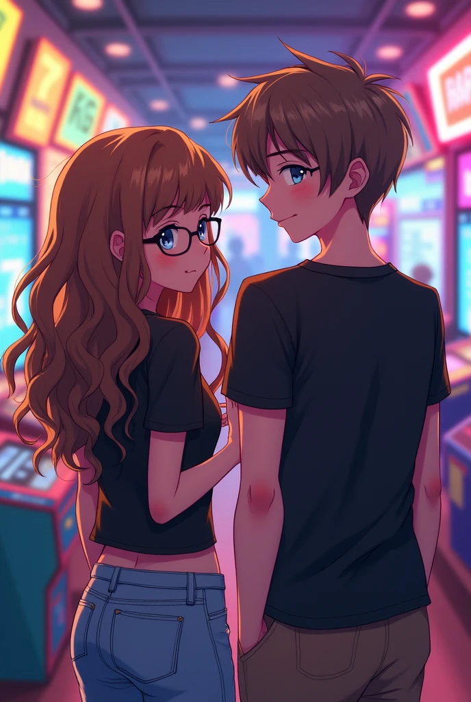 Two friends at an arcade,anime style,one girl with brown and curly long hair that wears glasses and one boy with light brown hair and wears a tight black tshirt, playing a game